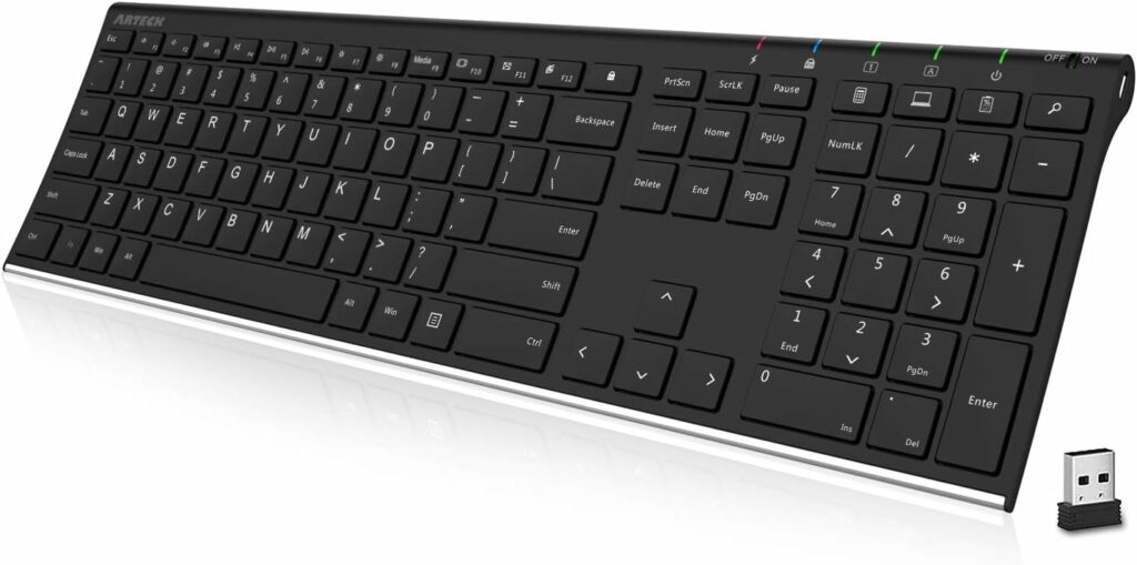 Arteck 2.4G Wireless Keyboard Stainless Steel Ultra Slim Full Size Keyboard with Numeric Keypad for Computer/Desktop/PC/Laptop/Surface/Smart TV and Windows 10/8/ 7 Built in Rechargeable Battery